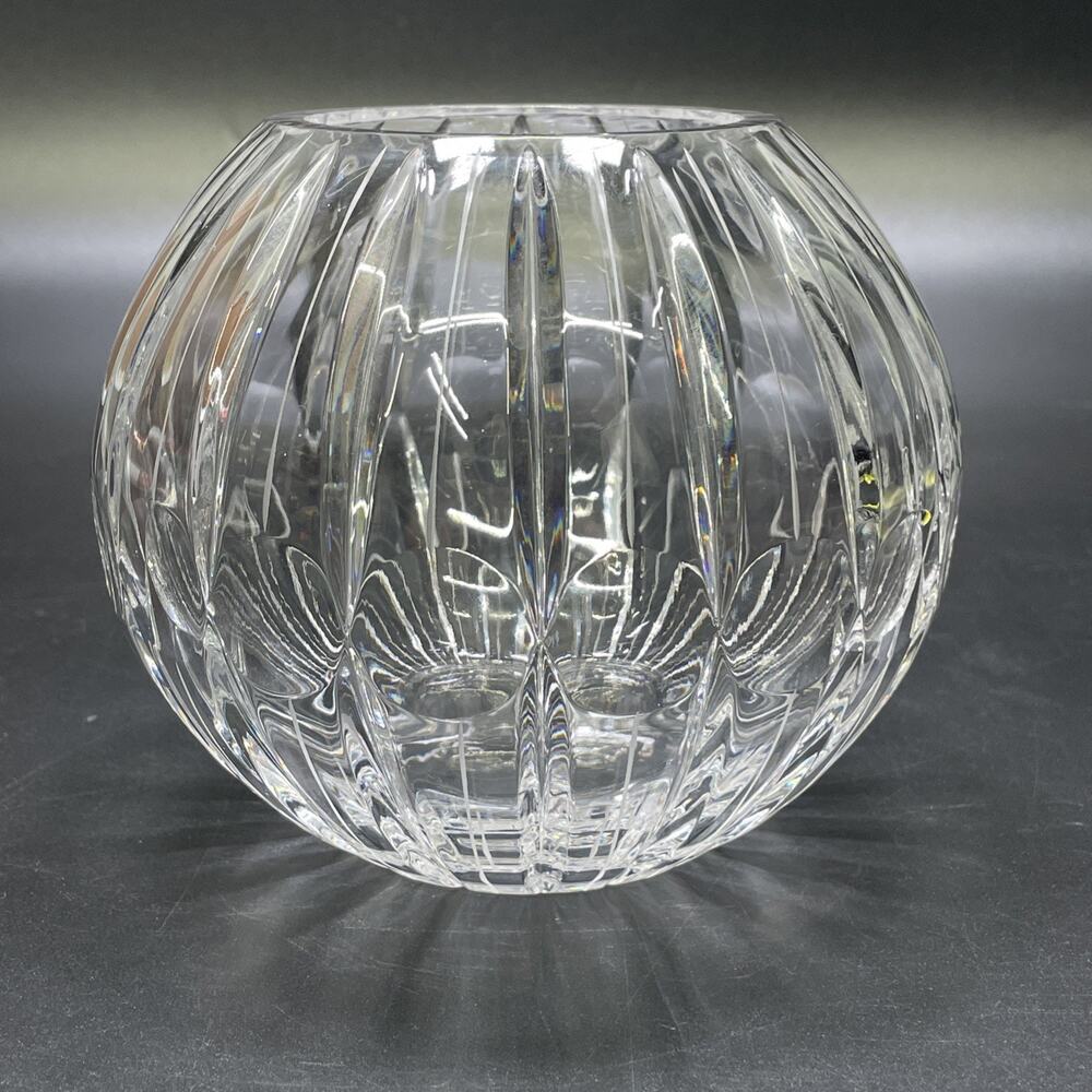 Vintage Heavy Cut Crystal Rose Bowl Votive Candle Holder 5 in Optic Glass Ribbed